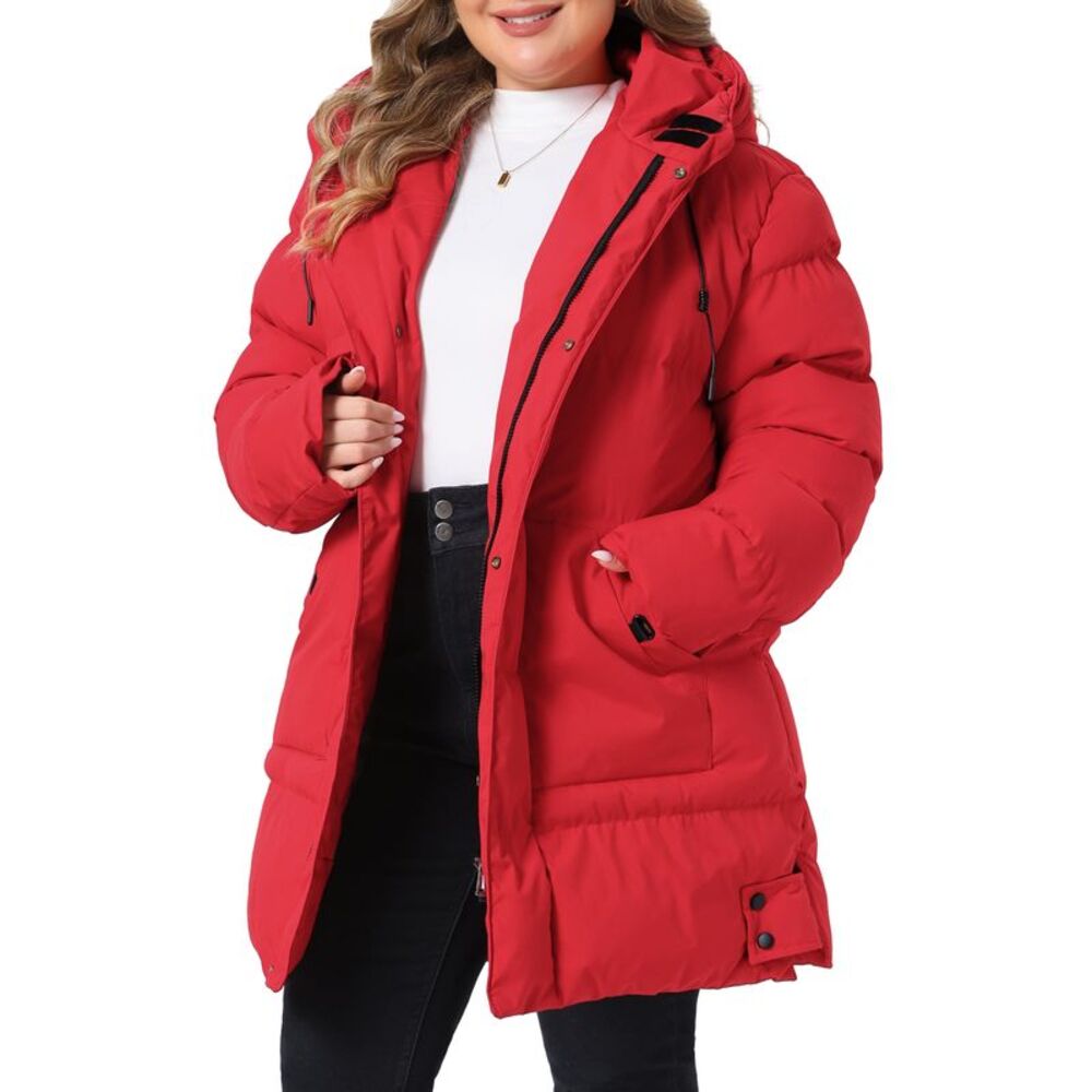Women Plus Size Windproof Winter with Hood Padded Jacket Red